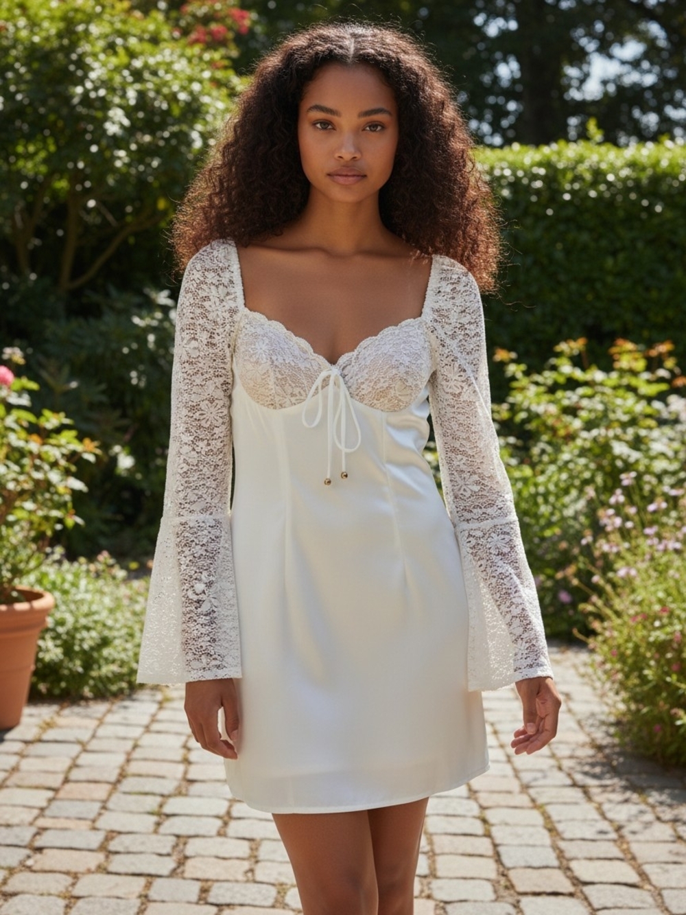 Selfie Leslie White Ti Amo Lace Bust Bell Sleeve Mini Dress